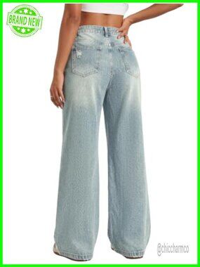 High Waist Baggy Wide Leg Boyfriend Denim Jeans Distressed Pockets